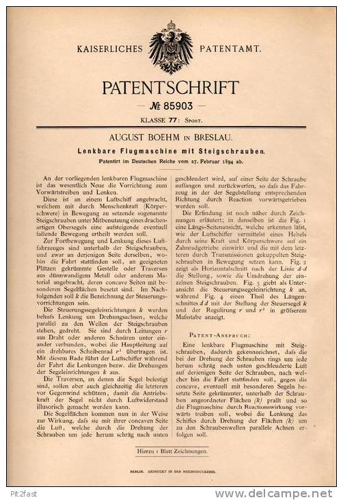 Original Patentschrift - A. Boehm In Breslau , 1894 , Flugmaschine , Luftschiff , Segelflug , Segler , Flugzeug !!! - Aviación