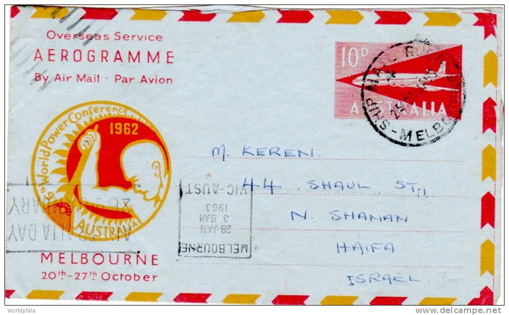 Australia-Israel 1963 Mailed Aerogramme / Air Letter "Ship Mail Room" Postmark "Plane" Printed Stamp - Aerograms