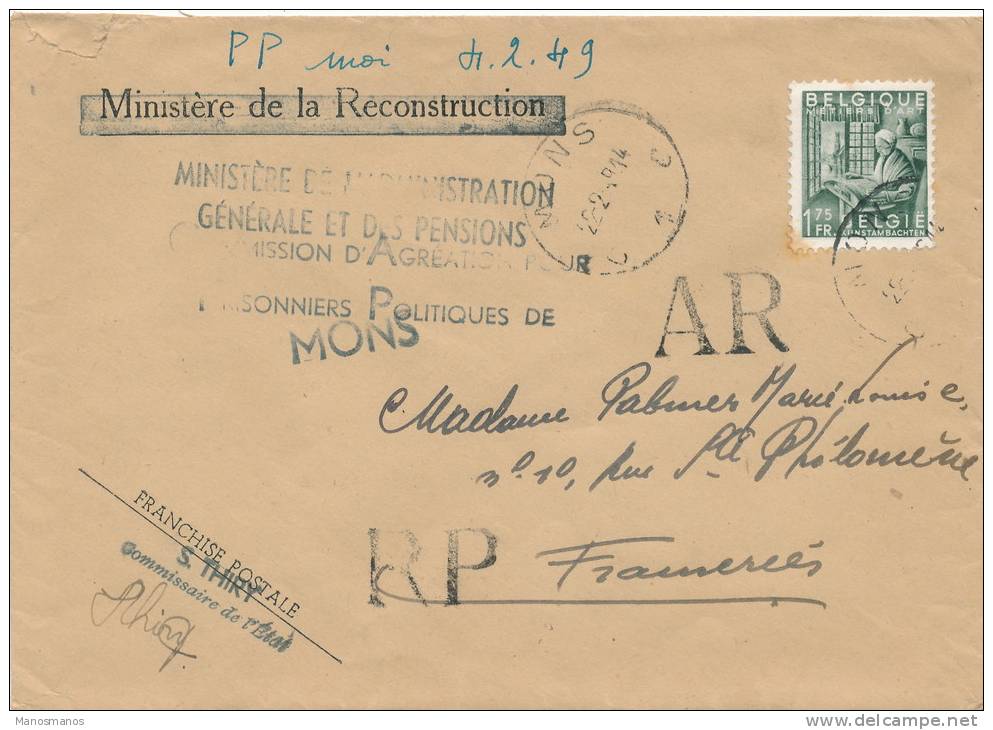 662/20 - Lettre Recommandée RP AR TP Exportation MONS 1949 - Franchise Totale , Sauf AR - 1948 Export