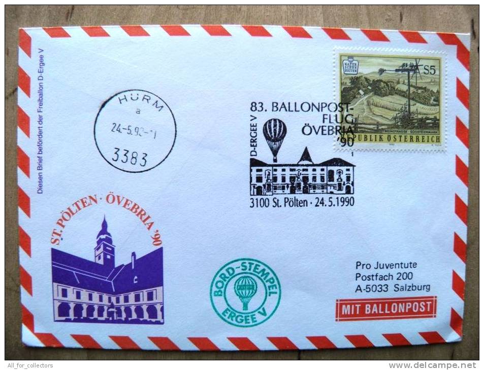 83. Ballonpost Cover From Austria 1990 Cancel Balloon St.polten Weinstrasse Hurm Ovebria 90 - Lettres & Documents