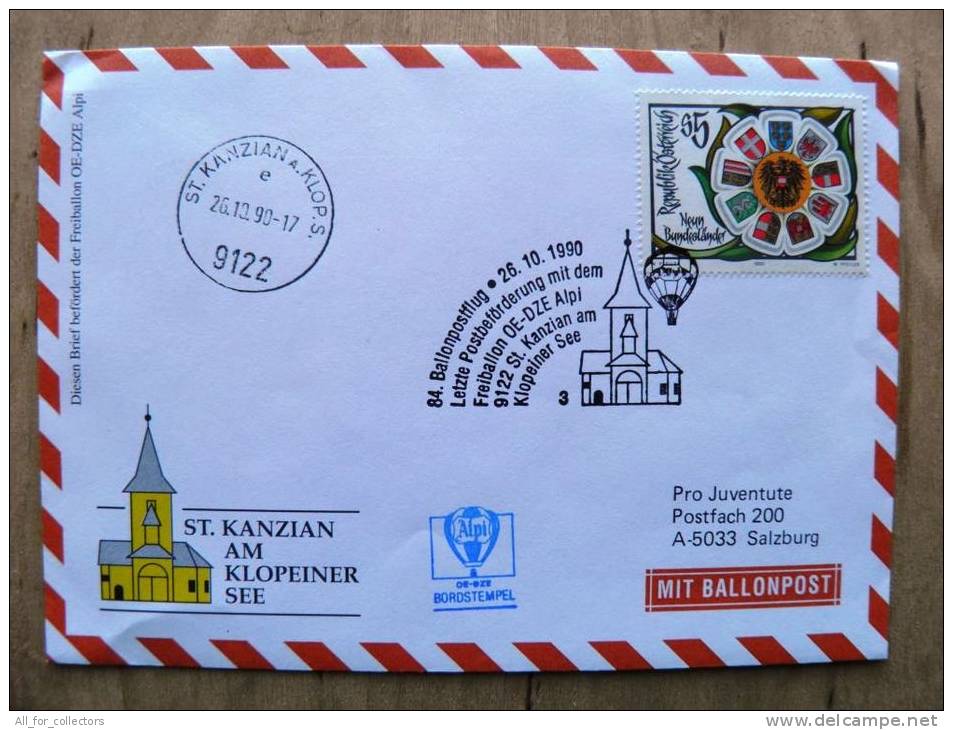 84. Ballonpost Cover From Austria 1990 Cancel Balloon St.kanzian Klopeiner See Coat Of Arms - Briefe U. Dokumente