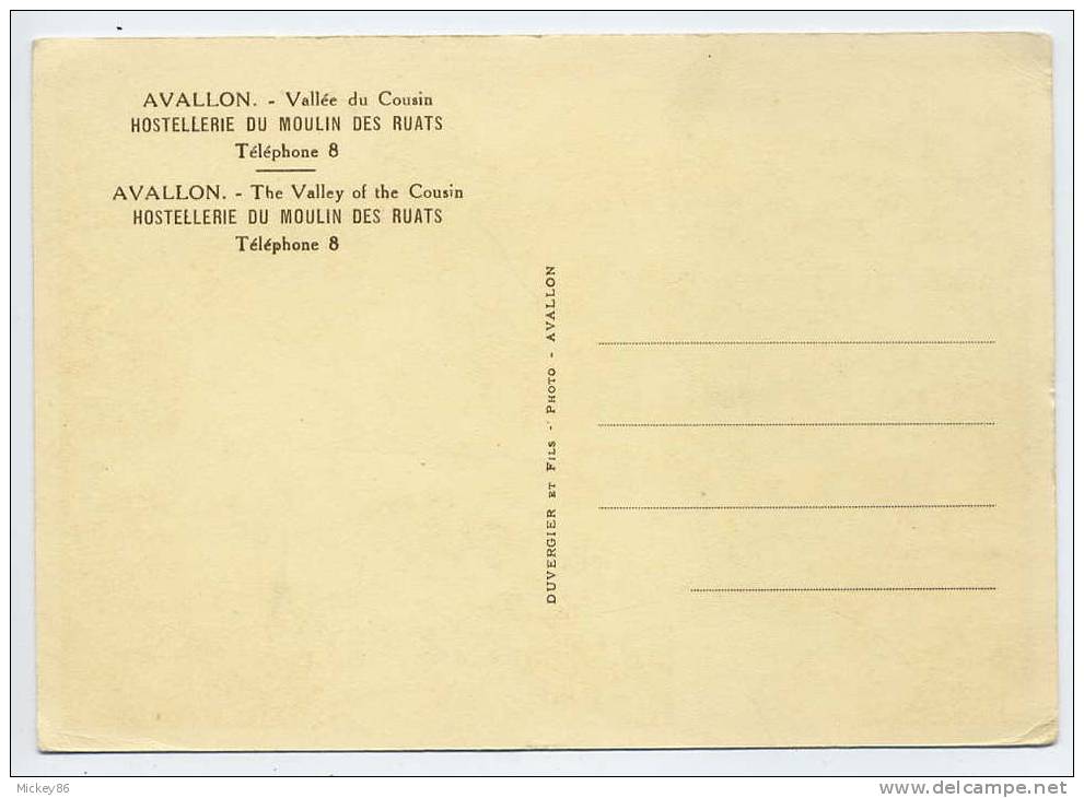 AVALLON--carte Publicitaire--Vallée Du Cousin--Hostellerie Du Moulin Des Ruats ,cpsm 10 X 15  éd  Duvergier & Fils - Hotels & Restaurants