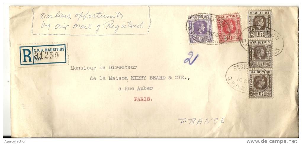 LETTRE POUR PARIS  . AIR MAIL + RECOMMANDE - Mauritius (...-1967)