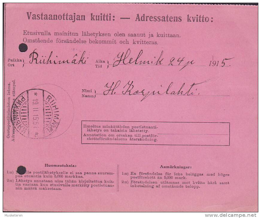 Finland Postförskotts-Adresskort Packet Freight Bill Card HELSINKI Helsingfors 1915 To RIIHIMÄRKI (2 Scans) - Covers & Documents