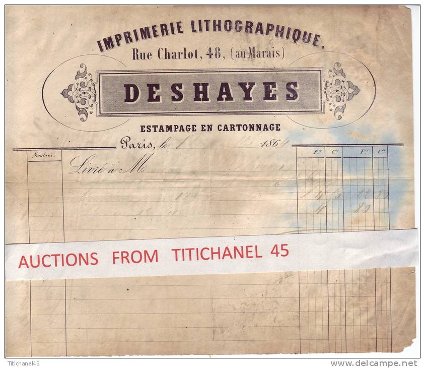 Facture De 1864 - PARIS - DESHAYES - Imprimerie Lithographique - Lettres De Change