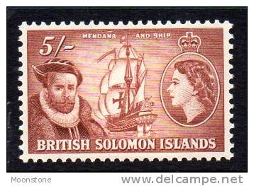 Solomon Islands QEII 1956 5/- Mendana & Ship Definitive, Lightly Hinged Mint (A) - British Solomon Islands (...-1978)