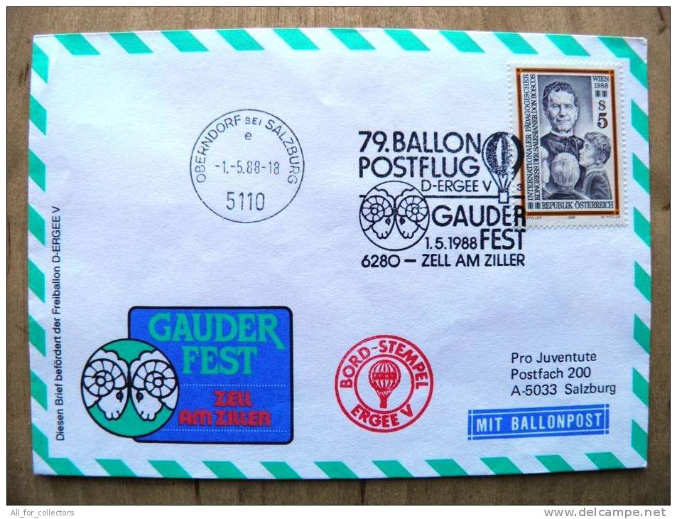 79. Ballonpost Cover From Austria 1988 Cancel Balloon Gauder Fest Zell Am Ziller Kongress Pedagogical - Covers & Documents