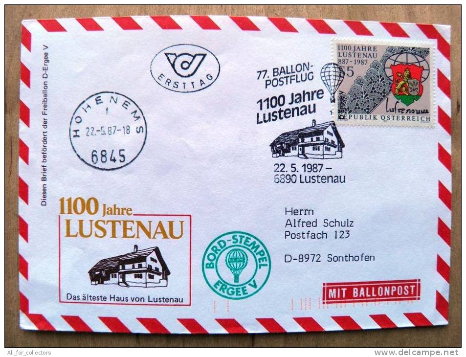 77. Ballonpost Cover From Austria 1987 Cancel Balloon Ersttag Fdc  Lustenau 1100 Years Coat Of Arms Hohenems - Storia Postale