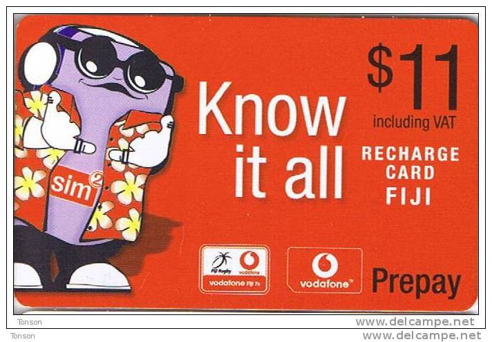 Fiji, $11, Vodafone Recharge Card With SIM Cartoon, 2 Scans. - Fiji