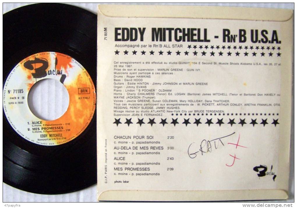 Eddy MITCHELL 45T VINYLE EP BIEM ORIGINAL  Au Delà De Mes Rêves / Chacun Pour Soi EX / MINT   Parfait état - 45 T - Maxi-Single