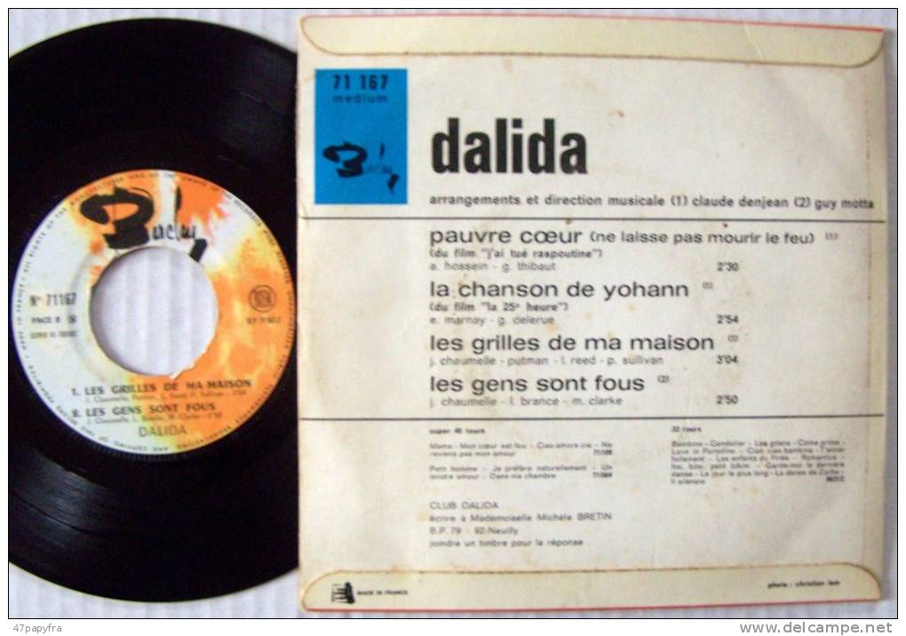 DALIDA  45T EP BIEM ORIGINAL  La Chanson De Yohann  Parfait état  EX / EX - 45 T - Maxi-Single