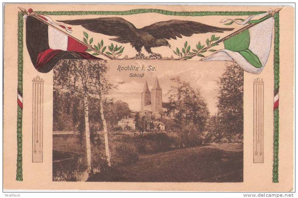 ROCHLITZ Sachsen Schloß Patriotika Flaggen Adler Color 21.2.1917 Gelaufen - Rochlitz