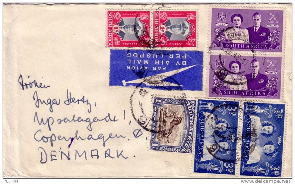 AFRIQUE DU SUD - LETTRE PAR AVION POUR LE DANEMARK LE 13-3-1948. - Covers & Documents