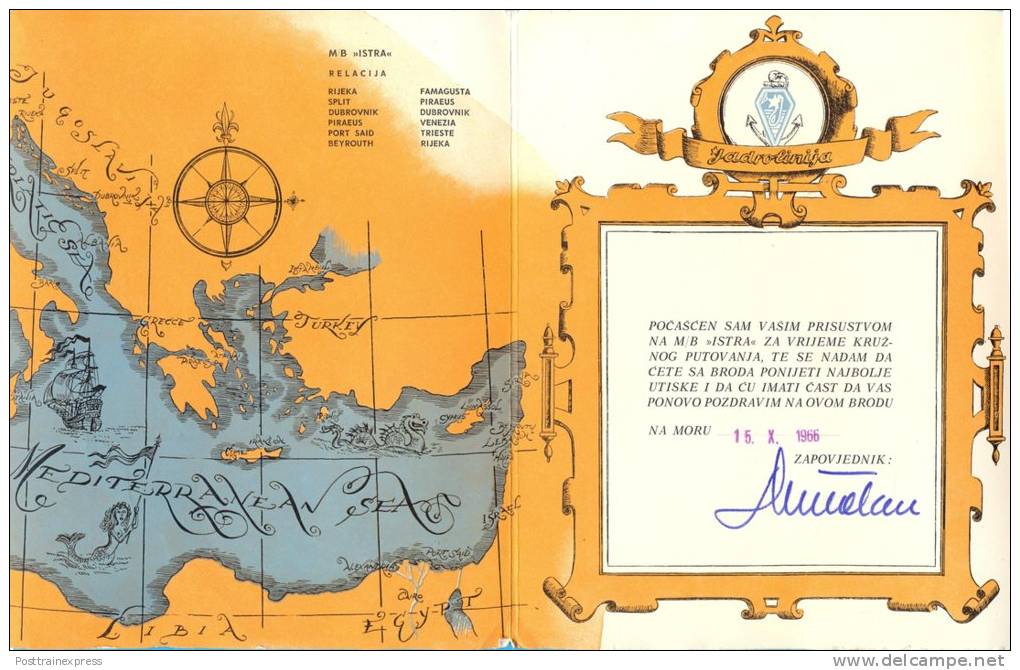EX YU. Croatia. M/B 'ISTRA' Jadrolinija.Welcome Paper For Mediteranian Sea Tour. 1966. - Europa