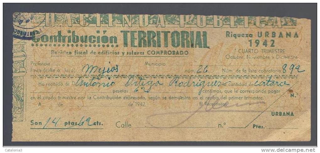 RECIBO Contribucion Urbana Año 1942 - Espagne