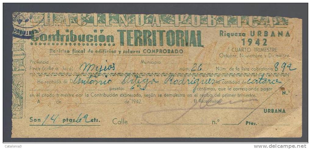 RECIBO Contribucion Urbana Año 1942 - España