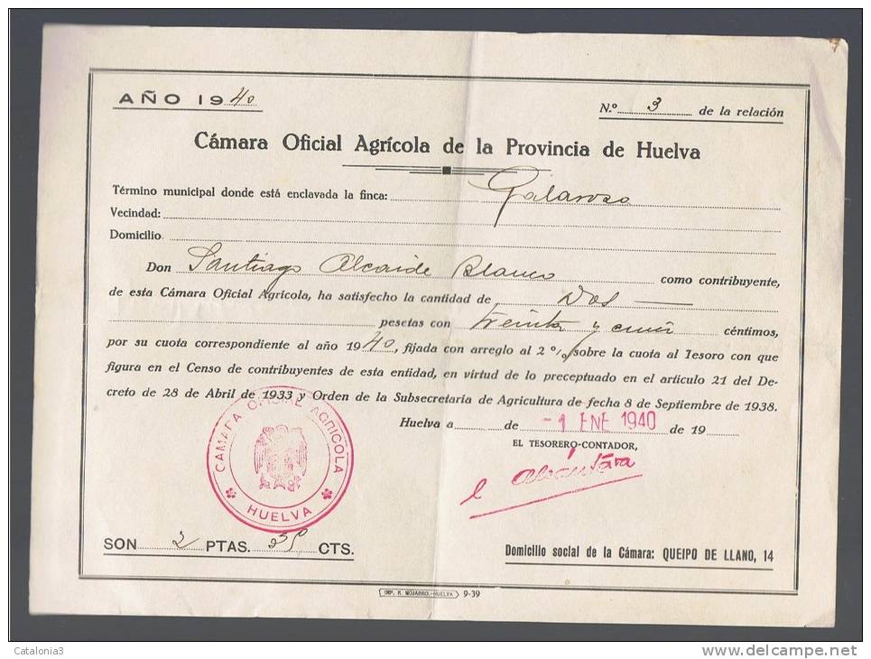 RECIBO Camara Oficial Agricola Provincia De Huelva 1940 - Spain