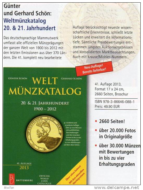 Coins Welt-Münzkatalog 2013 New 50€ Münzen 20./21.Jahrhundert A-Z Battenberg Verlag Europa Amerika Afrika Asien Ozeanien - Boeken & Software