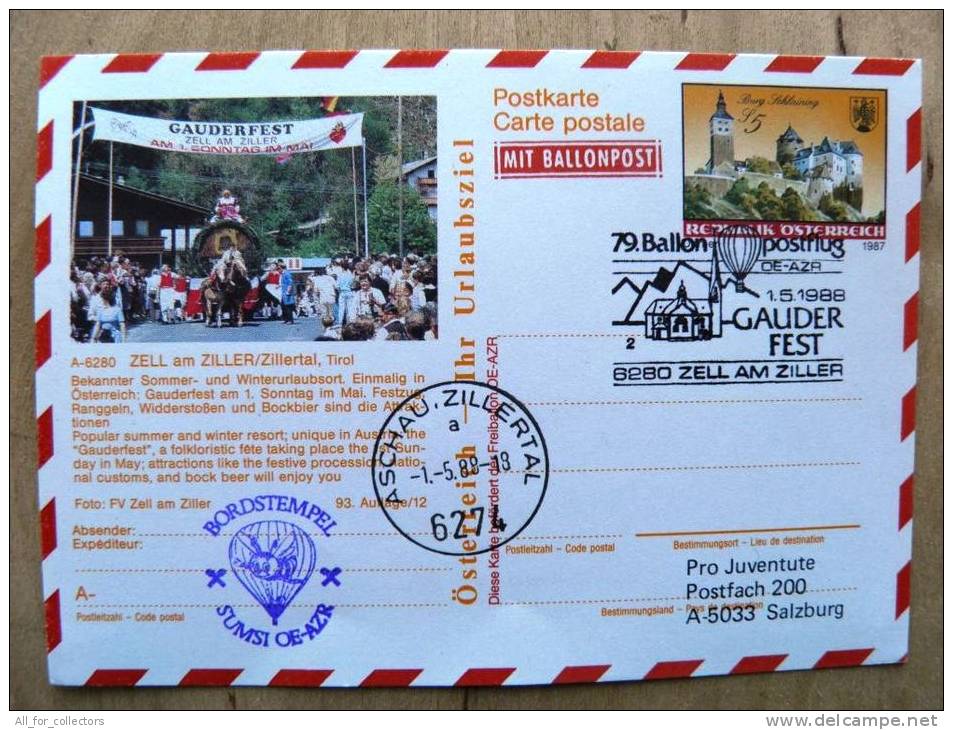 79. Ballonpost Card From Austria 1988 Cancel Balloon Zell Am Ziller Stationery Burg Schlaining Castle - Briefe U. Dokumente