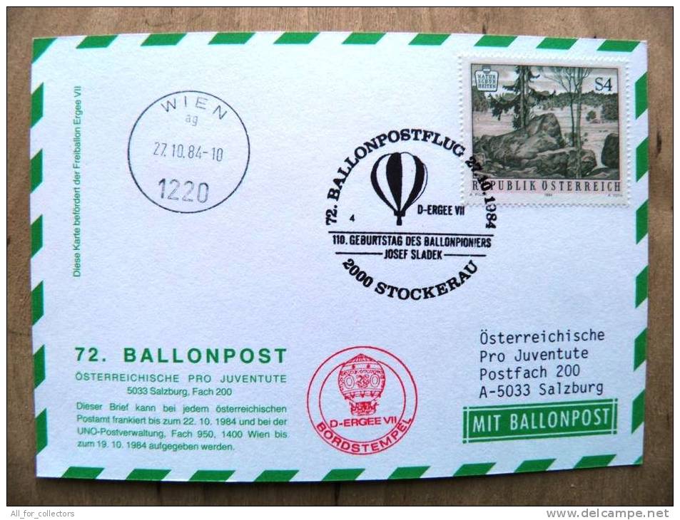72. Ballonpost Card From Austria 1982 Cancel Balloon Stockerau  Wien Landscape - Brieven En Documenten