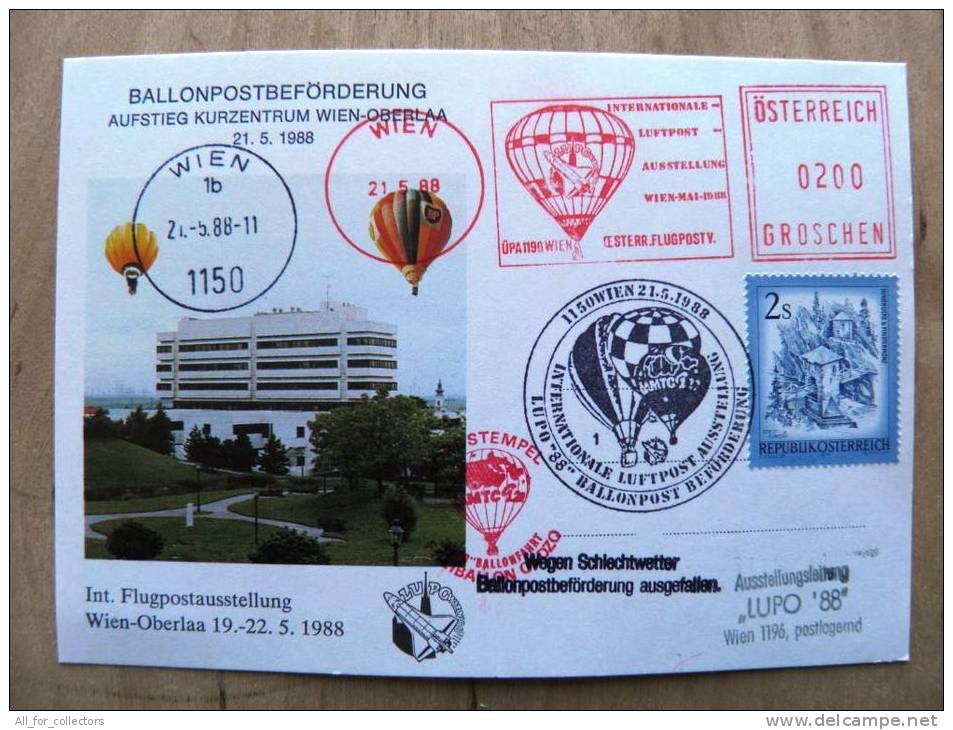 Ballonpost Card From Austria 1988 Cancel Balloon Red Machine Atm Cancel Wien - Briefe U. Dokumente