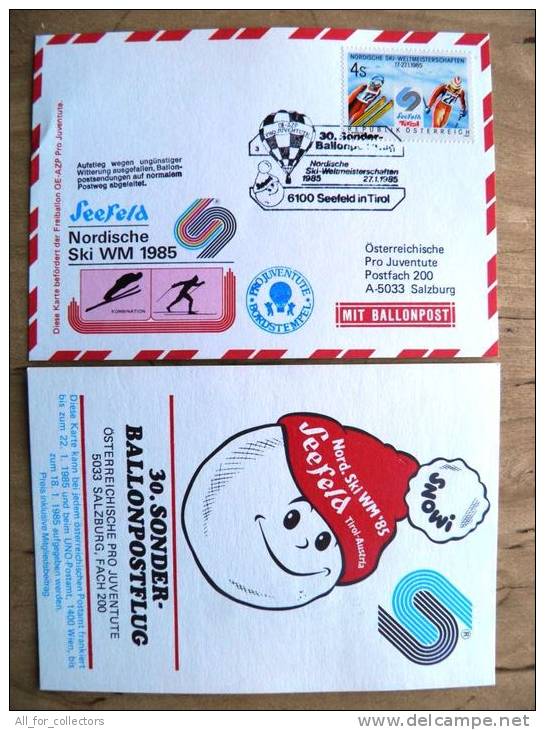 30. Ballonpost Card From Austria 1985 Cancel Balloon Nordische Ski Sport Seefeld Jumping Tirol - Brieven En Documenten