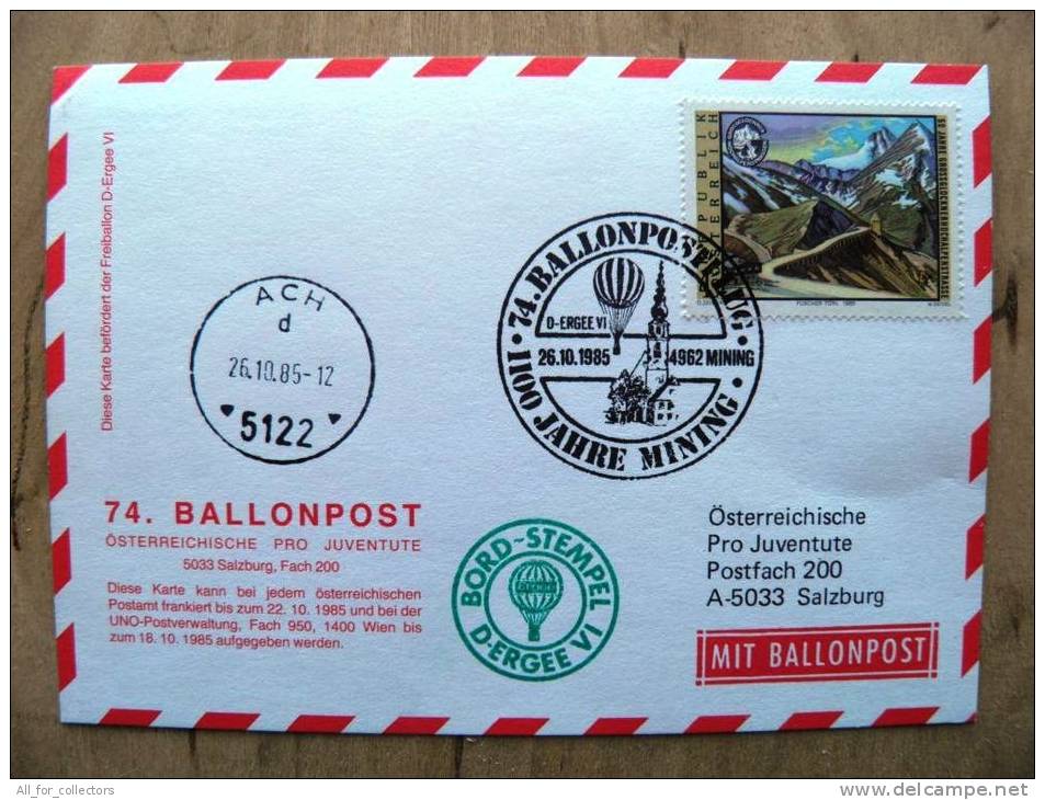 74. Ballonpost Card From Austria 1985 Cancel Balloon Mining Mountains Ach - Brieven En Documenten