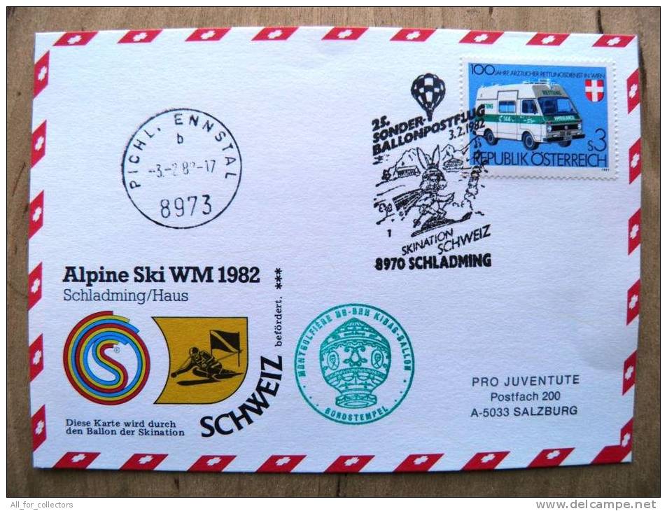 25. Ballonpost Card From Austria 1982 Cancel Balloon Ski Rabbit Transport Auto Car 144 Ambulance Medicine - Covers & Documents