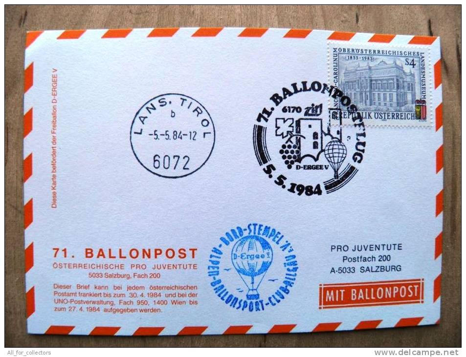 71. Ballonpost Card From Austria 1984 Cancel Balloon Francisco Carolinum Museum - Covers & Documents