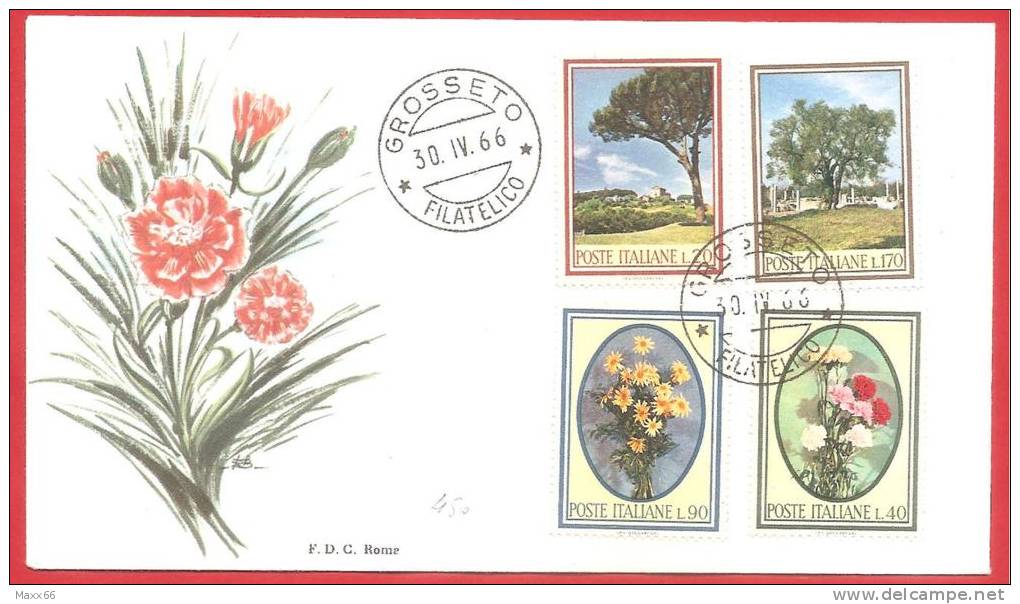 ITALIA REPUBBLICA FDC ROMA  - 1966 - Flora - 1ª Emissione SERIE COMPLETA - RARO ANNULLO GROSSETO  - NV - FDC