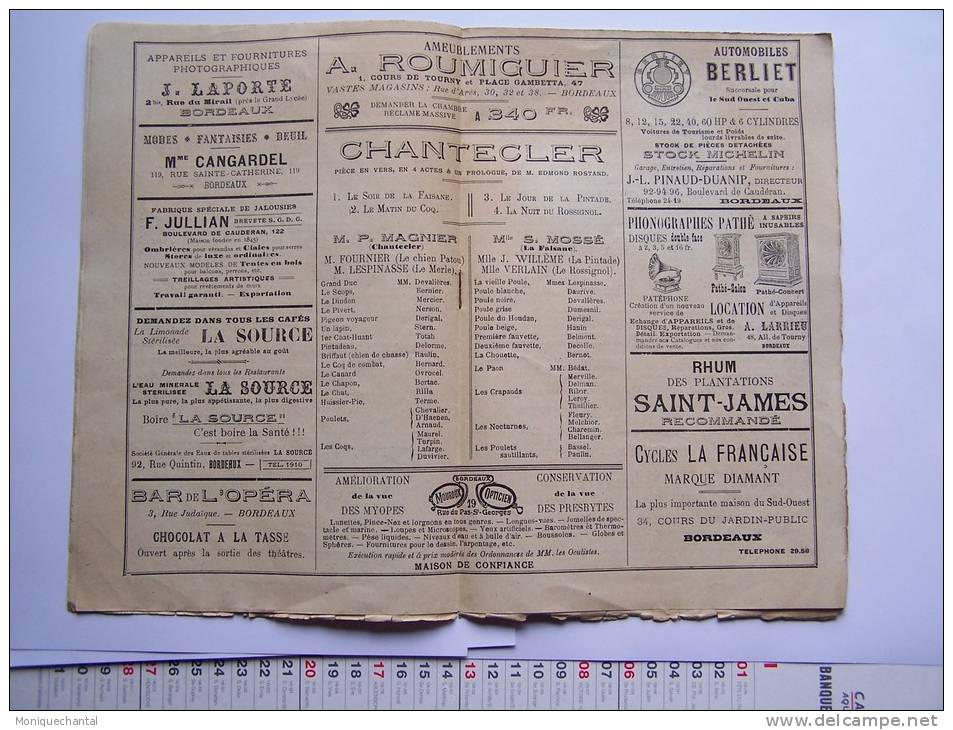 Bordeaux - Théatre De L'Alhambra- Chantecler -pièce D'Edmond Rostand- Du 9 Au 29 Mai 1910 - Programmes