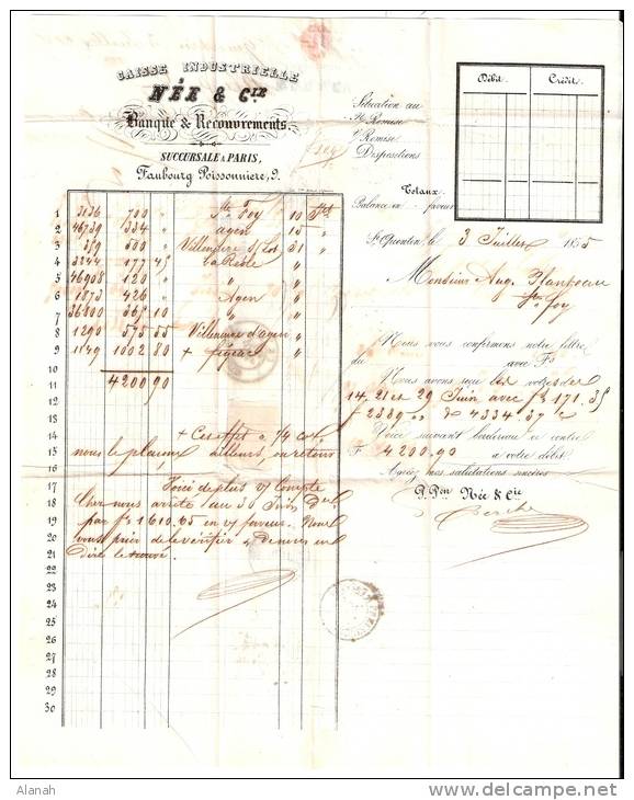 NEE & Cie Banque Facture De 1855 Saint Quentin Oblitéré N° 16 Y/T - 1800 – 1899