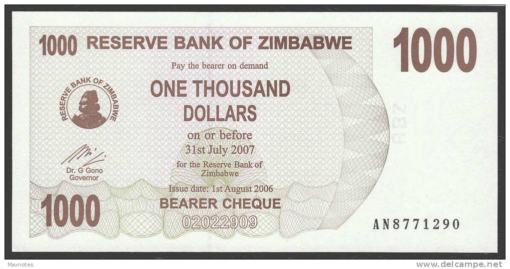 ZIMBABWE :  1000 Dollars  - Bearer Cheque - 2006 - UNC - Zimbabwe