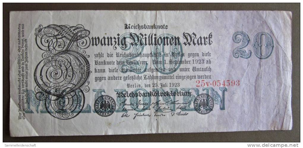 Banknote Papermoney Deutsches Reich Zwanzig Millionen Mark 1923  Bill Germany Billet Allemagne - 20 Millionen Mark