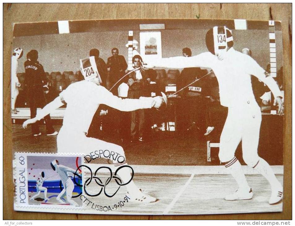 Card Maximum From Portugal, 1991 Sport Desporto Ctt Faro Lisboa Fencing - Maximum Cards & Covers