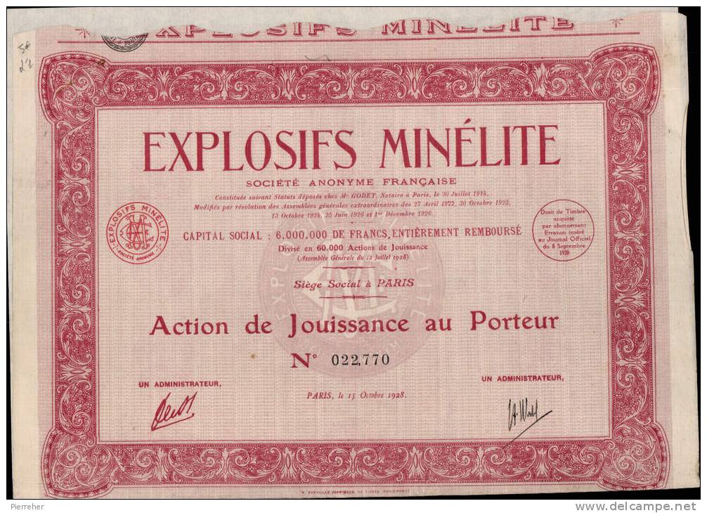 EXPLOSIFS MINELITE , SA FRANCAISE _ ACTION DE JOUISSANCE AU PORTEUR _ 15.10.1928 - Industrie