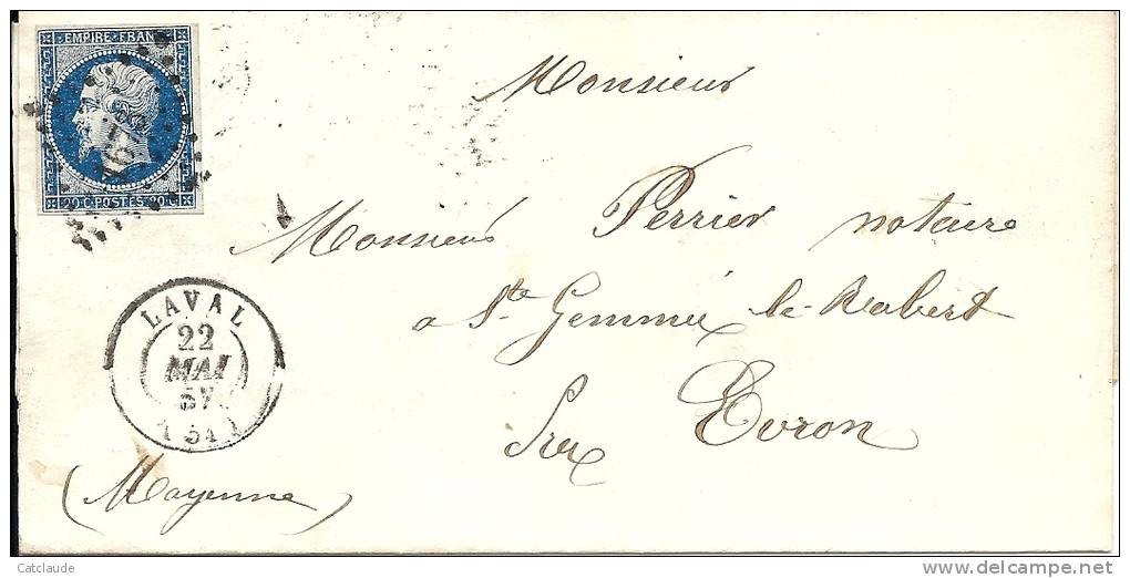 20 Cts Bleu Foncé Empire Franc N°14Aa Sur Lettre LSC De Laval à Evron (Mayenne) Avec Cachet Ambulant  Brest à Paris - 1849-1876: Période Classique