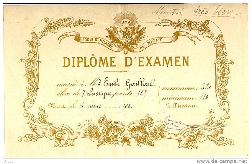 Diplome D'examen Ecle St Hilaire De Niort - Diplomi E Pagelle