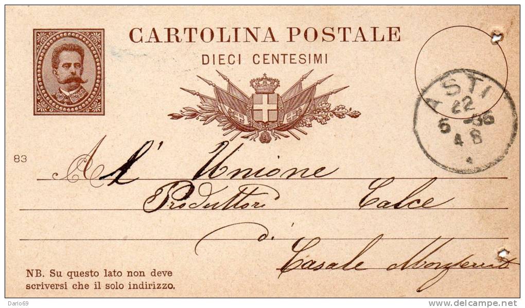 1886 CARTOLINA CON ANNULLO ASTI - Interi Postali