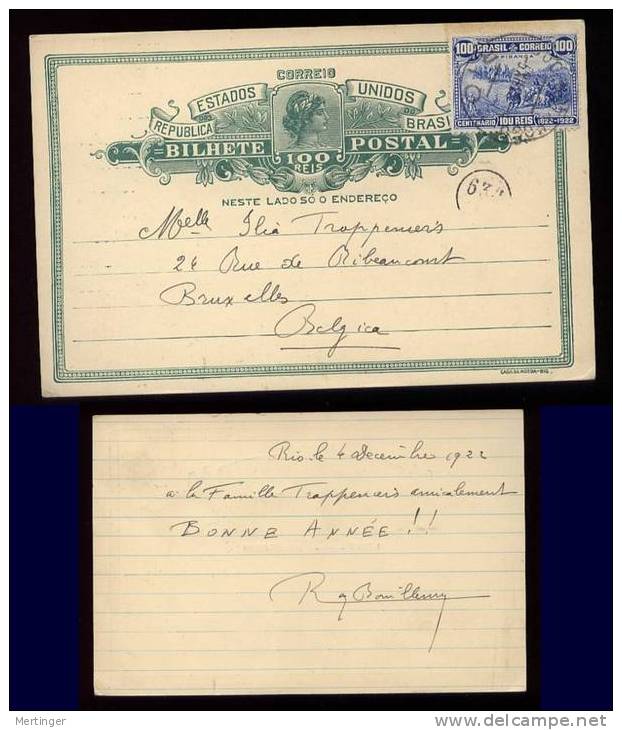 Brazil Brasilien 1922 Karte Mit 100R Centenario – Belgien - Cartas & Documentos