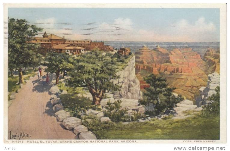 Hotel El Tovar Grand Canyon AZ Arizona, Louis Akin Artist,Fred Harvey Detroit Publishing Co. C1920s/30s Vintage Postcard - Grand Canyon