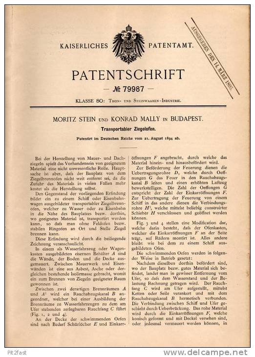 Original Patentschrift -  M. Stein Und K. Mally In Budapest , 1894 , Ziegelofen , Ziegelei , Ziegel , Ziegelstein !!! - Arquitectura