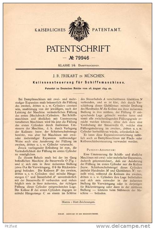 Original Patentschrift - J.R. Frikart In München ,1894, Steuerung Für Schiffsmaschinen , Schiff , Schiffe , Schiffsmotor - Sonstige & Ohne Zuordnung