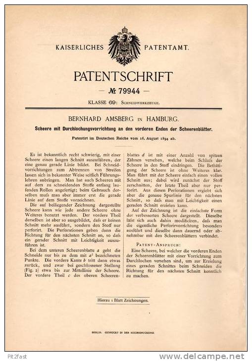 Original Patentschrift - B. Amsberg In Hamburg , 1894 , Scheere Mit Durchlocher , Schneider , Näherei , Schneiderei !!! - Historische Dokumente