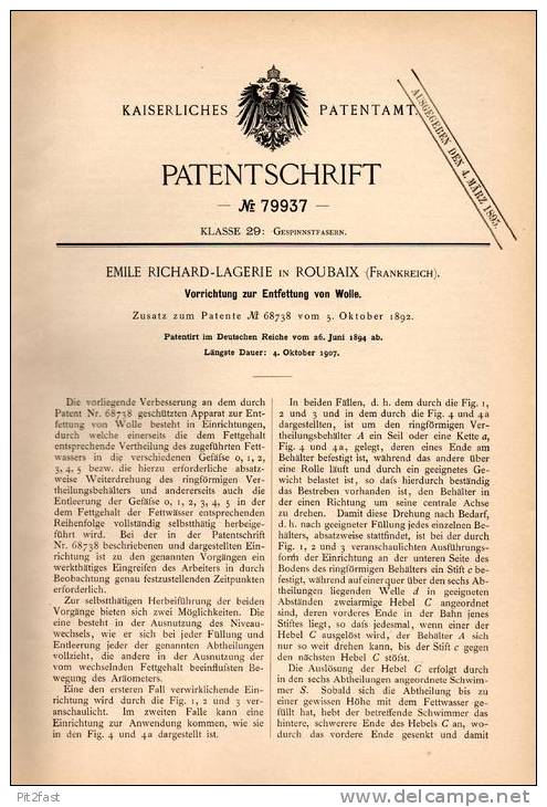 Original Patentschrift - E. Richard - Lagerie In Roubaix , 1894 ,  Appareil Pour Le Dégraissage De La Laine !!! - Machines
