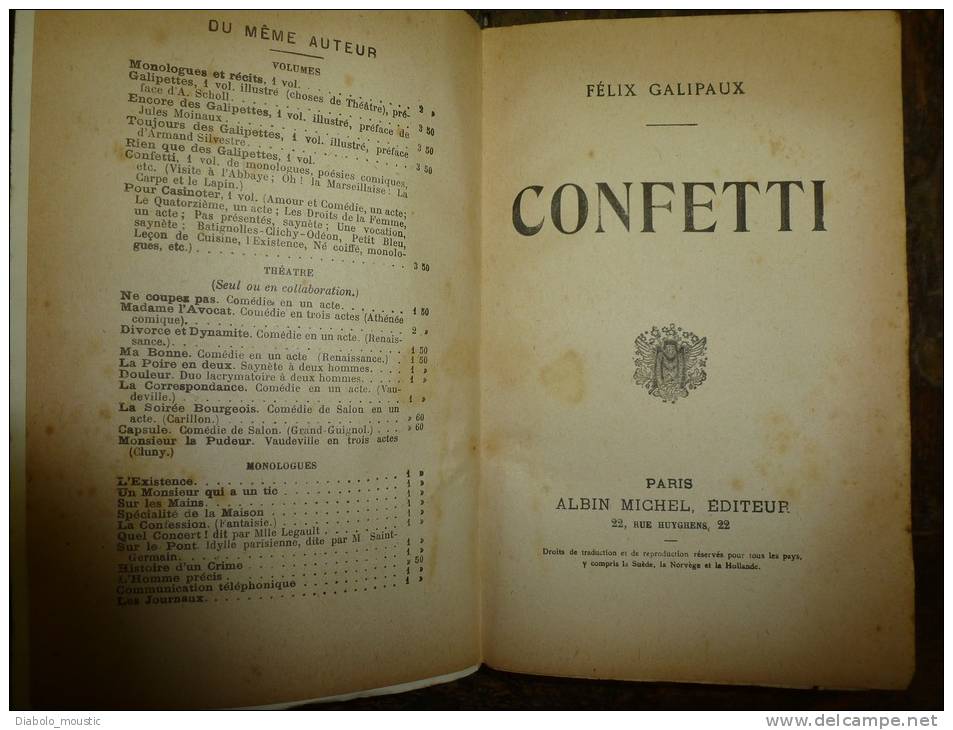 CONFETTI    Monologue Et Poésies Comiques Par Félix Galipaux - Auteurs Français