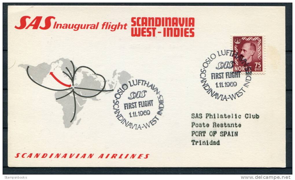 1969 Norway SAS Oslo Port Of Spain Trinidad First Flight Postcard - Lettres & Documents