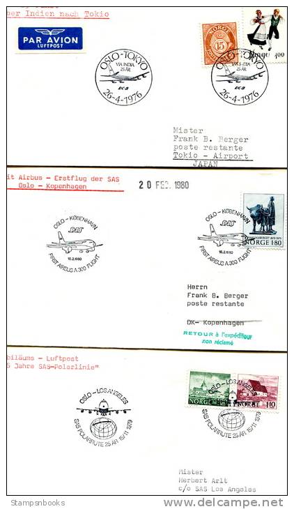 1976 - 1980 Norway SAS Oslo - Copenhagen, Tokyo, Los Angeles First Flight Cover X 3 - Covers & Documents