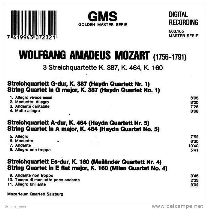 CD -  Wolfgang Amadeus Mozart  -  3 Streichquartette  -  Golden Master Serie Nr. 500.105 - Klassik