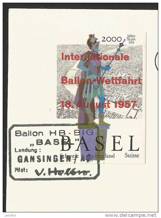 BASEL 2000 Jahre Internat. Ballon Wettfahrt Mit Vignette Und Sonderstempel Landung Gansingen AG 1957 - Montgolfières